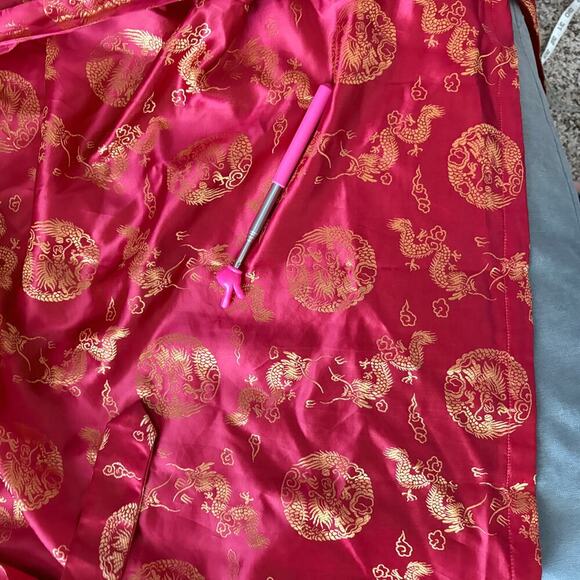 Kimono Style Robe Red Gold Dragon All Over Print Long Silk (?)Lounge Asian L - Picture 12 of 13